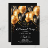 退職パーティーモダン金ゴールドブラックバルーン黒 招待状 (正面/裏面)