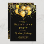 退職パーティーモダン金ゴールドブラックバルーン黒 招待状 (正面/裏面)