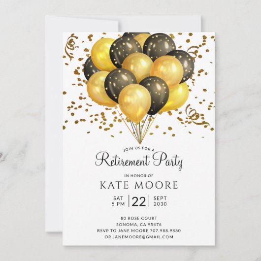 退職パーティーモダン金ゴールドブラックバルーン 招待状 (正面)