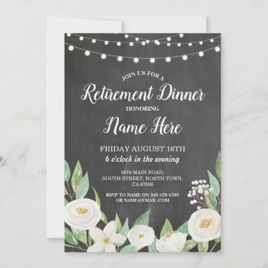 退職パーティーリタイアチョークホワイトフラワーズ招待状 招待状 (正面)
