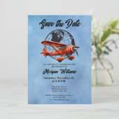 退職パーティー保存日付Globe旅行飛行機 招待状 (スタンド正面)
