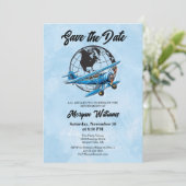 退職パーティー保存日付Globe旅行飛行機 招待状 (スタンド正面)