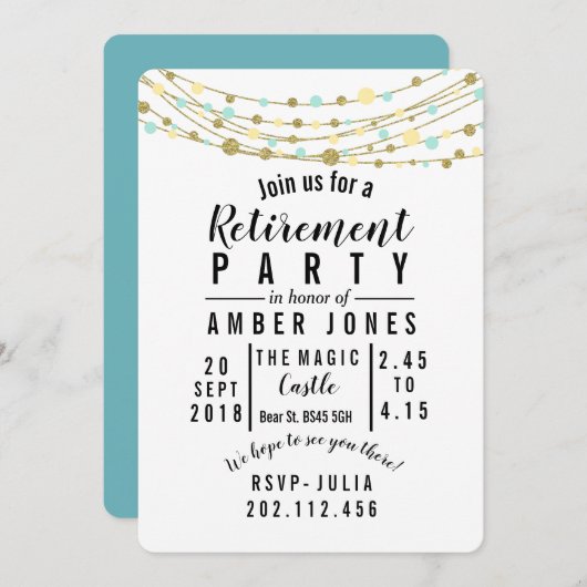 退職パーティー招待状ティール(緑がかった色)及び金ゴールドグリッター 招待状 (正面/裏面)