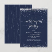 退職パーティー招待状 - エレガントなシルバー、ネイビー 招待状 (正面/裏面)