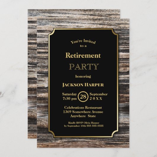 退職パーティー素朴木材金ゴールド縁ど 招待状 (正面/裏面)