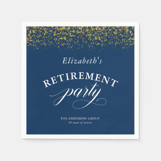 退職パーティー金ゴールドエレガントグリッタースクリプト青 スタンダードカクテルナプキン (正面)