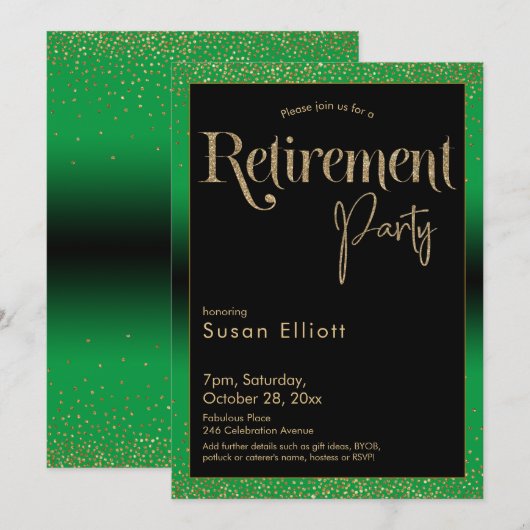 退職パーティー金ゴールドグリッターオンブライトグリーン 招待状 (正面/裏面)