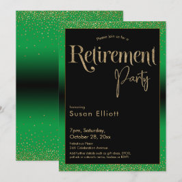 退職パーティー金ゴールドグリッターオンブライトグリーン 招待状