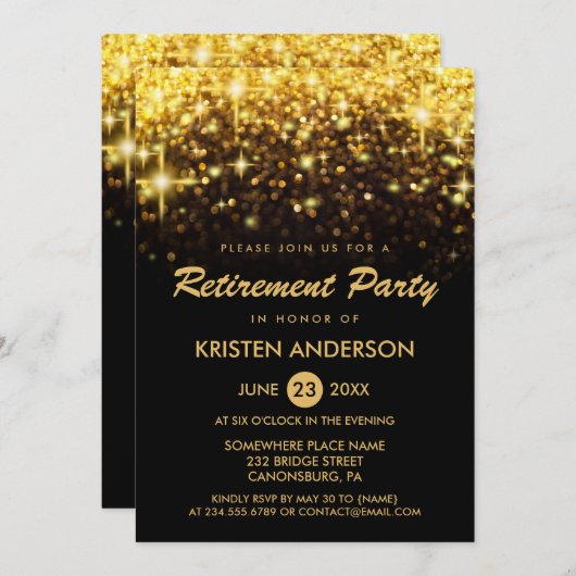 退職パーティー金ゴールドグリッターグラモールスパークレス 招待状 (正面/裏面)