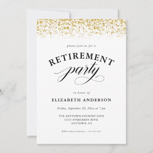 退職パーティー金ゴールドグリッタースクリプト 招待状 (正面)