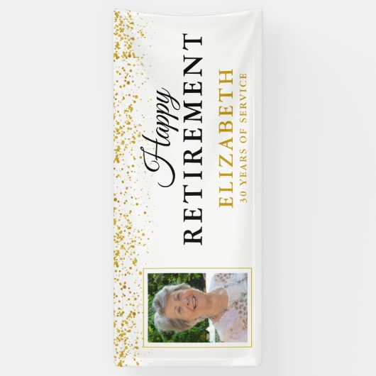退職パーティー金ゴールドグリッター白写真 横断幕 (縦)