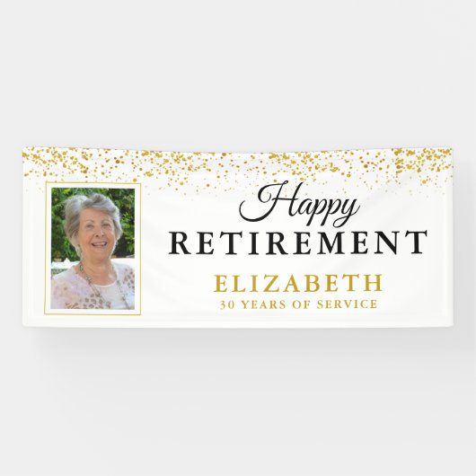 退職パーティー金ゴールドグリッター白写真 横断幕 (横)
