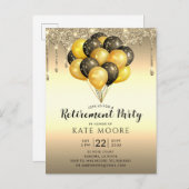 退職パーティー金ゴールドブラックバルーングリッター乾燥 案内ポストカード (正面/裏面)