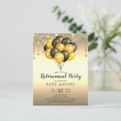 退職パーティー金ゴールドブラックバルーングリッター乾燥 案内ポストカード (スタンド正面)