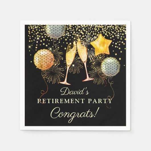退職パーティー金ゴールドブラック紙吹雪シャンパン スタンダードカクテルナプキン (正面)