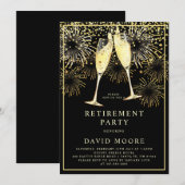 退職パーティー金ゴールドブラック紙吹雪シャンパン 招待状 (正面/裏面)