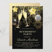 退職パーティー金ゴールドブラック紙吹雪シャンパン 招待状 (正面/裏面)