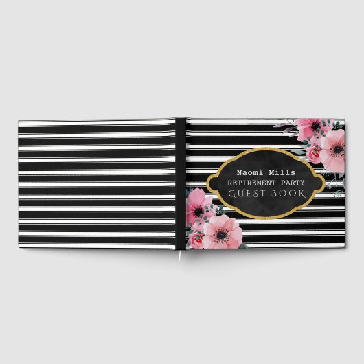 退職パーティー黒ストライプ色 | エレガントフローラ ゲストブック (全面)