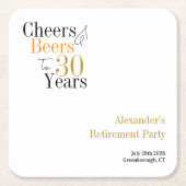 退職パーティー30年応援とビールミニマル スクエアペーパーコースター (正面)
