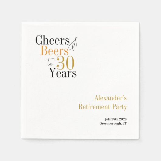 退職パーティー30年応援とビールミニマル スタンダードカクテルナプキン (正面)