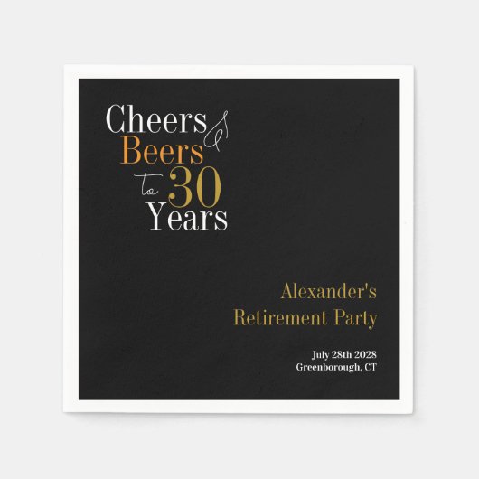 退職パーティー30年応援とビール スタンダードカクテルナプキン (正面)