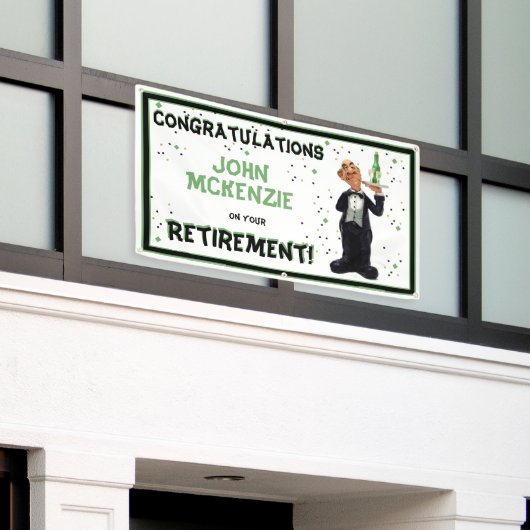 退職パーティー-おもしろいウェイターつるサイン 横断幕 (ビルの外側)