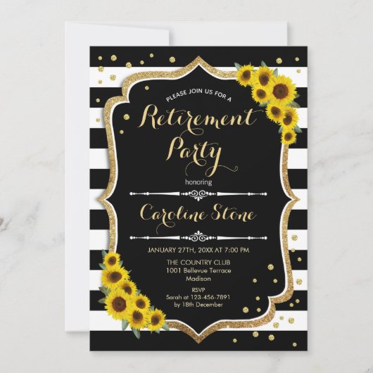 退職パーティー – ひまわり白黒ストライプ数 招待状 (正面)