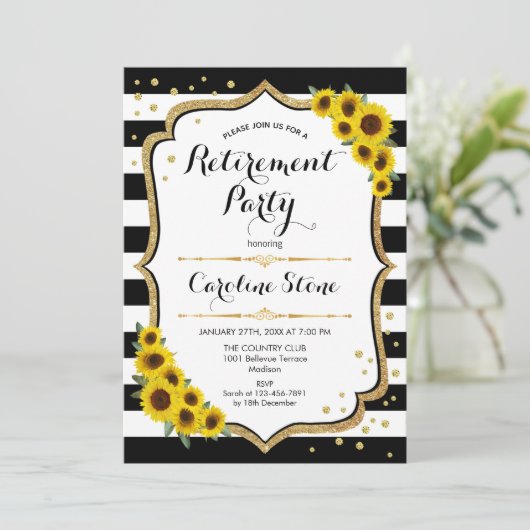 退職パーティー – ひまわり白黒ストライプ数 招待状 (スタンド正面)