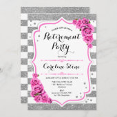 退職パーティー – シルバーホワイトストライプローズピンク 招待状 (正面/裏面)