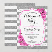 退職パーティー - シルバー ホワイト ストライプ ピンクのバラ 招待状 (正面/裏面)