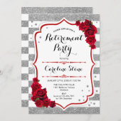 退職パーティー - シルバー ホワイト ストライプ ローズ 招待状 (正面/裏面)
