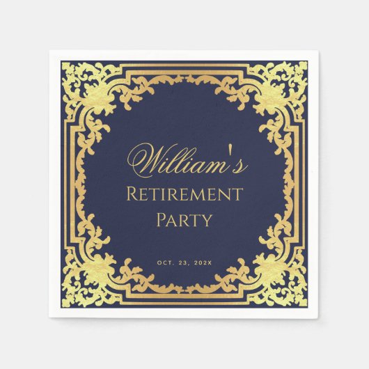 退職パーティー ネイビーブルーとゴールド エレガントスクリプト スタンダードカクテルナプキン (正面)