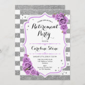 退職パーティー – パープルシルバーホワイトストライプ製品 招待状 (正面/裏面)