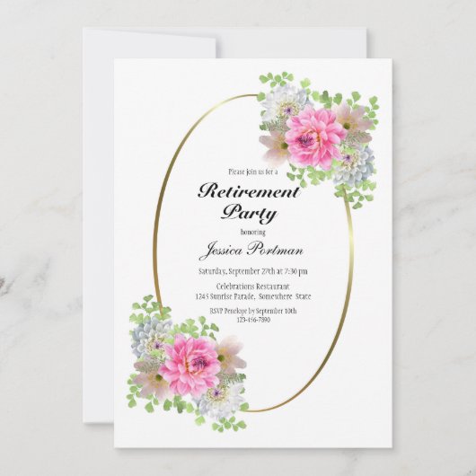 退職パーティー ピンク ゴールド 招待状 (正面)