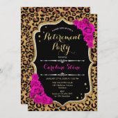 退職パーティー – ブラックピンク金ゴールドヒョウ印刷 招待状 (正面/裏面)