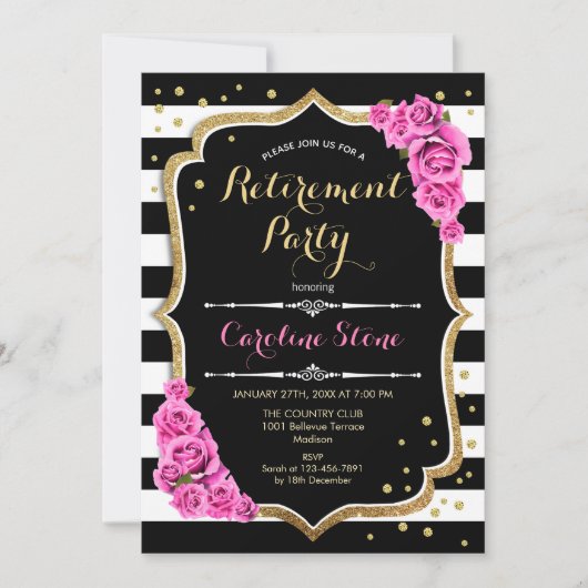 退職パーティー-白黒ストライプズピンクローズ 招待状 (正面)