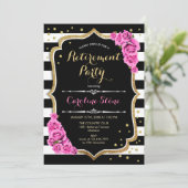 退職パーティー-白黒ストライプズピンクローズ 招待状 (スタンド正面)