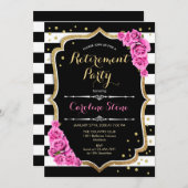 退職パーティー-白黒ストライプズピンクローズ 招待状 (正面/裏面)
