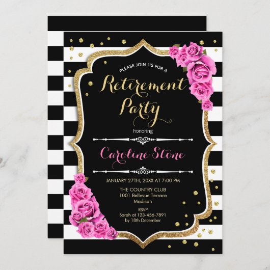 退職パーティー-白黒ストライプズピンクローズ 招待状 (正面/裏面)