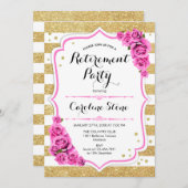 退職パーティー-金ゴールドホワイトストライプローズピンク 招待状 (正面/裏面)