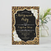 退職パーティー – 黒金ゴールドヒョウ印刷 招待状 (スタンド正面)