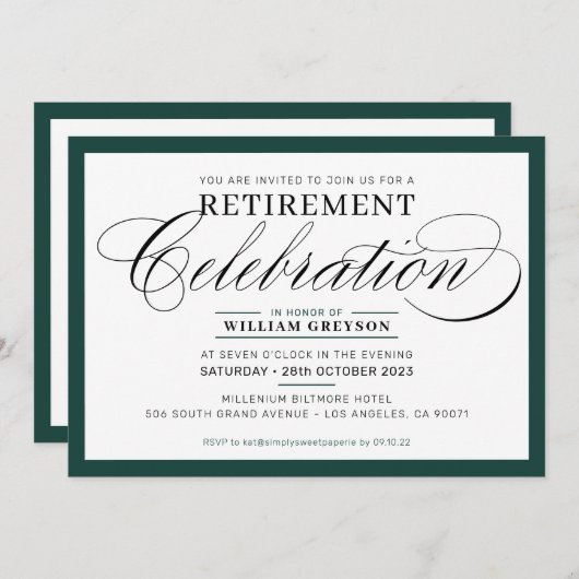 退職フォーマルパーティーモダンシンプルダークグリーン 招待状 (正面/裏面)