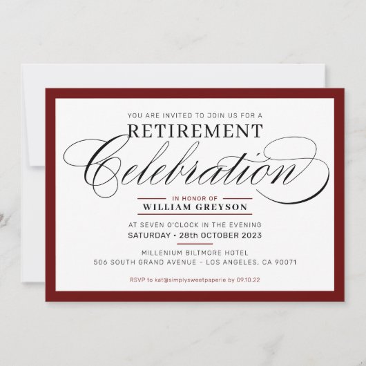 退職フォーマルパーティーモダンマルーン 招待状 (正面)