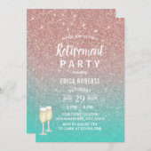 退職モダンターコイズ&バラ金ゴールドグリッター 招待状 (正面/裏面)