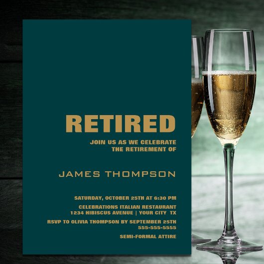 退職モダンパーティーシンプルティール（緑がかった色）及び金ゴールド 招待状