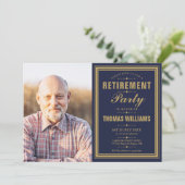 退職モダンパーティーネイビーブルーと金ゴールド写真 招待状 (スタンド正面)