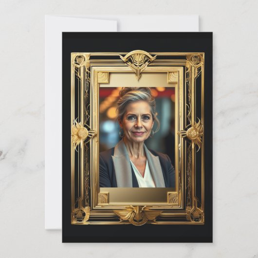 退職写真黒金ゴールド送別用レトロパーティー 招待状 (正面)