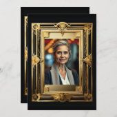 退職写真黒金ゴールド送別用レトロパーティー 招待状 (正面/裏面)