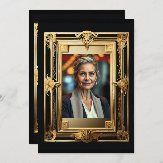 退職写真黒金ゴールド送別用レトロパーティー 招待状 (正面/裏面)