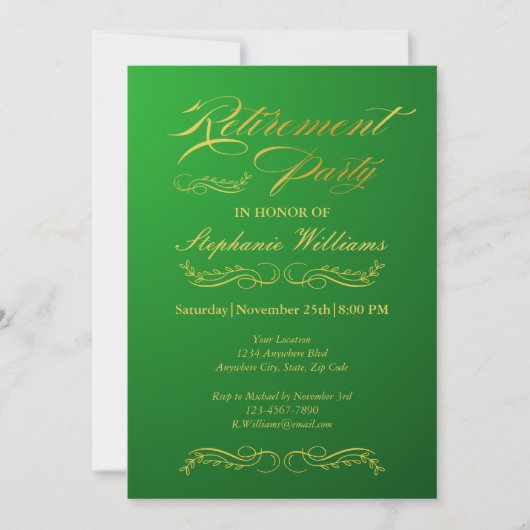 退職後のエレガント女性の緑と金ゴールド 招待状 (正面)